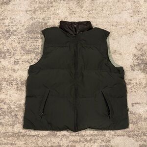 VTG Eddie Bauer 2003 Reversible Goose Down Green Leather Trim Mens Vest